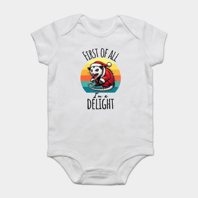 First of All I'm A Delight hissing Possum in Santa Suit against sunset Baby Bodysuit by Luxinda